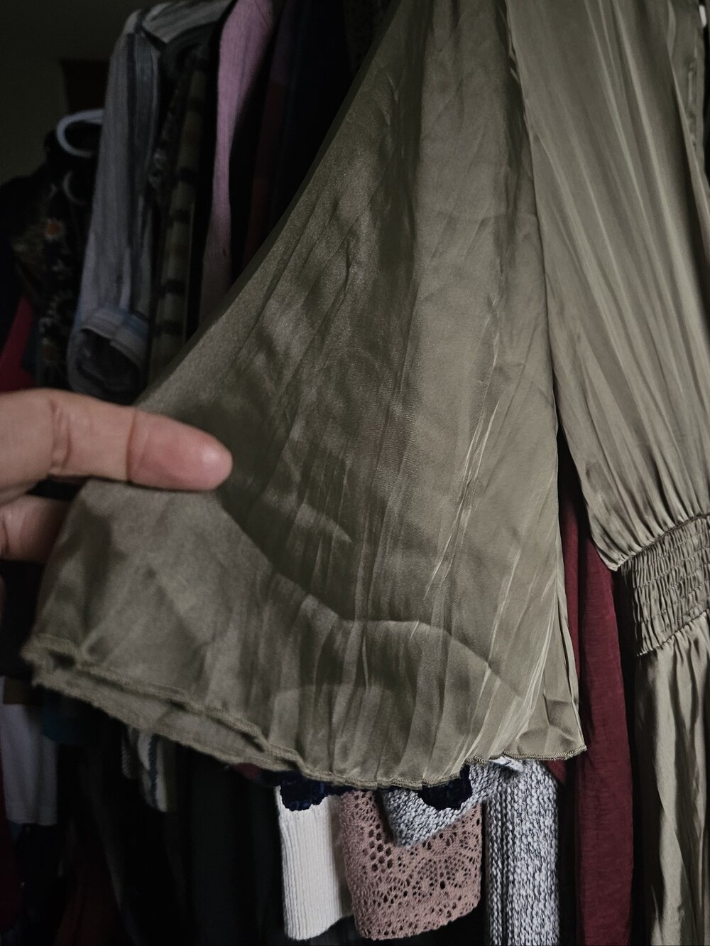 ZARA Khaki Olive Green Pleated Mini Dress Smocked Waist Long Bell Sleeve Size S